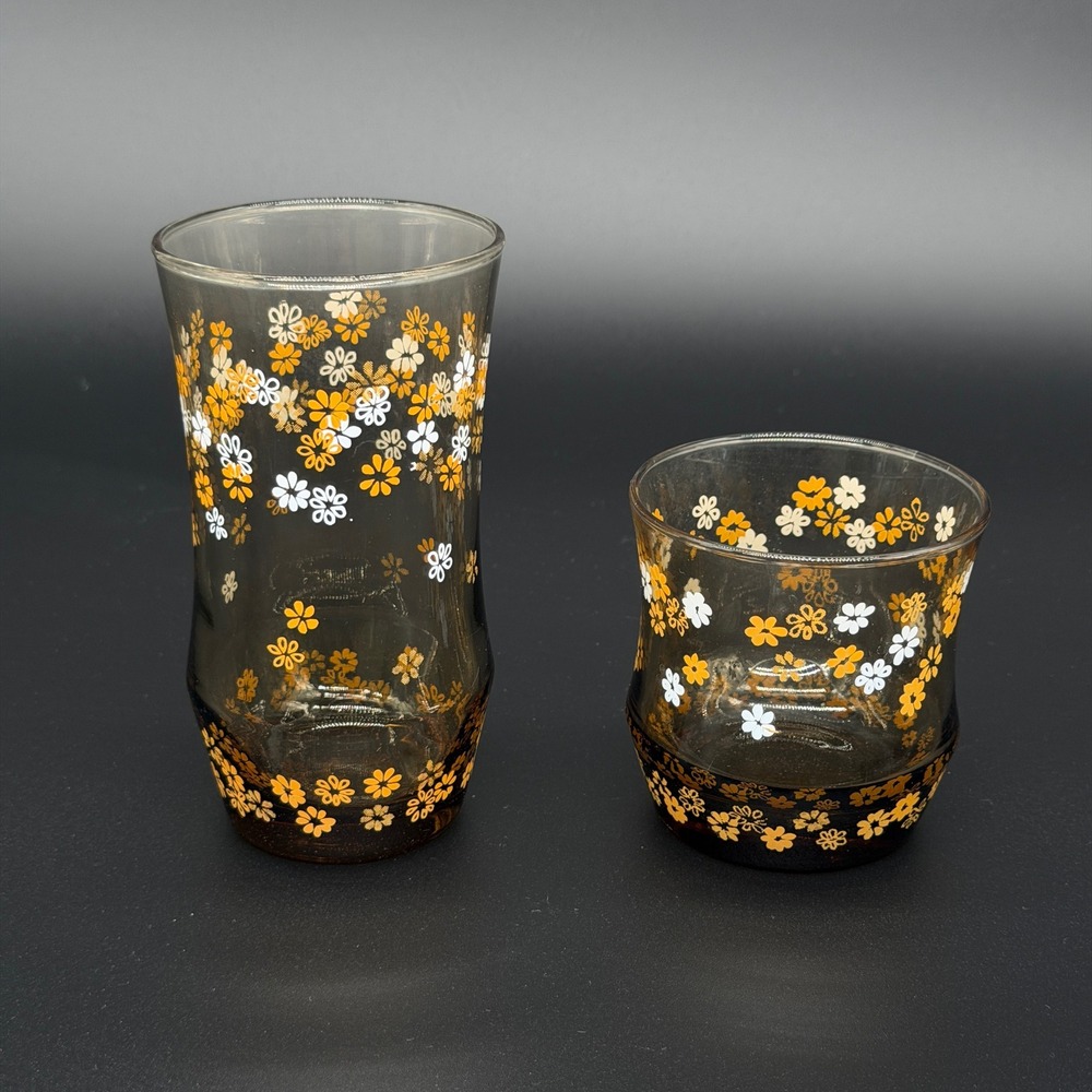 Vintage Libby Glass Set Smoke Brown Daisy Floral Retro Mid Century Modern 2pc